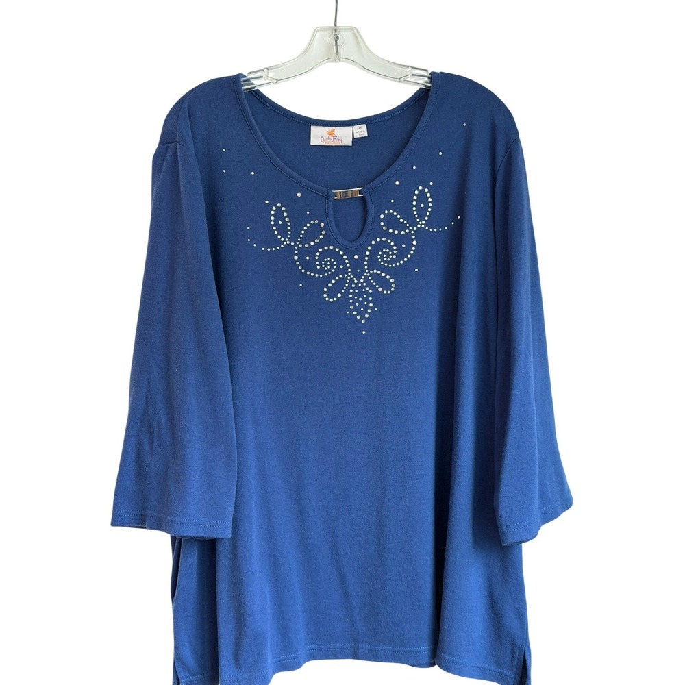 Quacker Factory Women 3X Navy Blue Rhinestone Keyhole 3/4‎ Sleeve Top RN118565